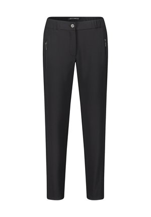 Pantalons noirs taille haute avec une coupe droite. Présentent des poches zippées sur les côtés et un tissu lisse et extensible. Design minimaliste sans motifs.