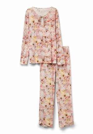 Conjunto de pijama de manga larga con un patrón floral en rosa, amarillo y blanco, que presenta un escote con abertura y lazo, y pantalones de longitud completa.