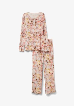 Conjunto de pijama de manga larga con un patrón floral en rosa, amarillo y blanco, que presenta un escote con abertura y lazo, y pantalones de longitud completa.