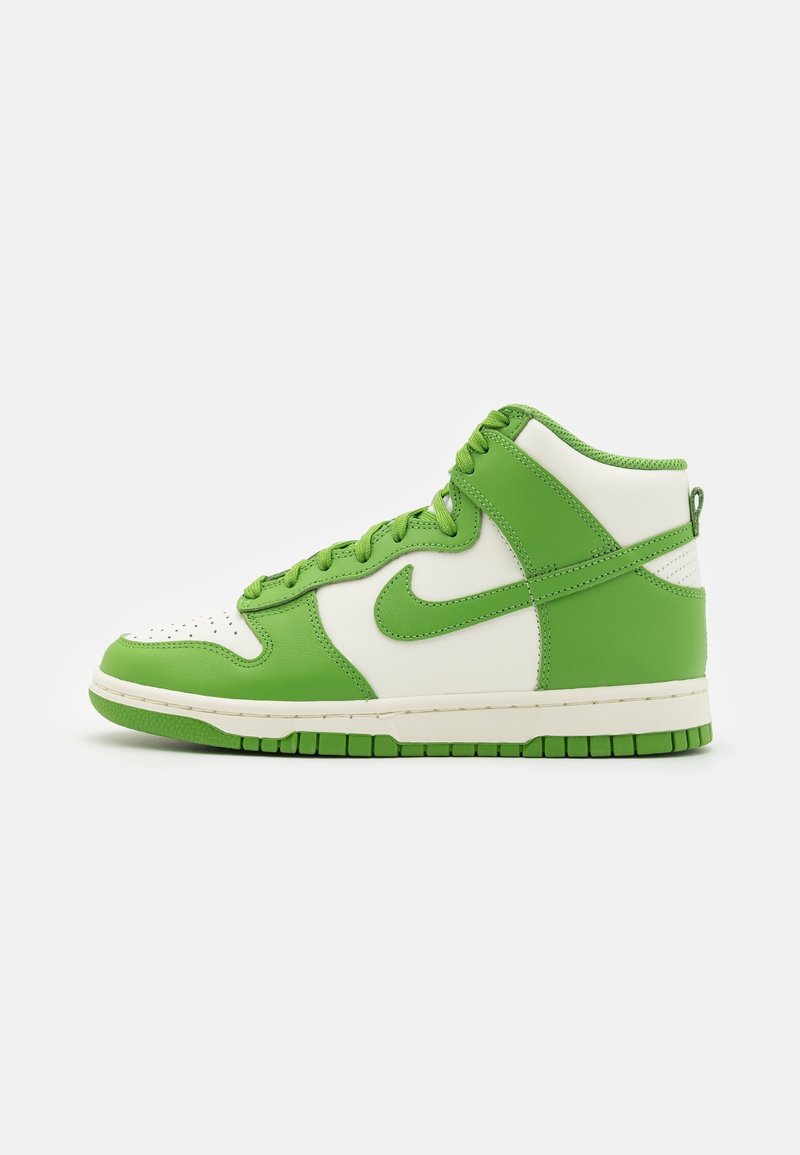 Green and white high-top sneaker with leather material, perforated toe, lacing system, and rubber sole. Features a prominent logo and accents.