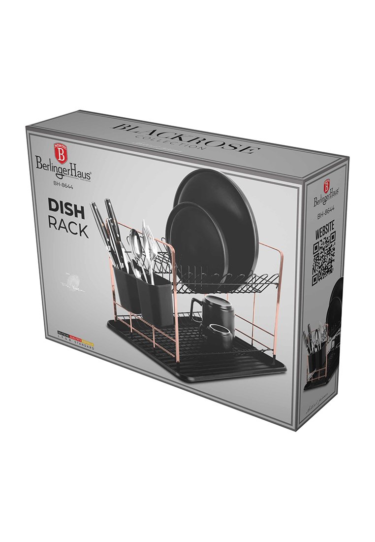 Schwarzer Geschirrständer mit einem kupferfarbenen Rahmen, der ein geriffeltes Design für Teller, einen Seitenbehälter für Besteck und eine schwarze Auffangschale aufweist.