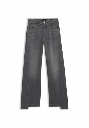 Grijze denim jeans met een wijde pijp, voorzien van een klassiek vijf-pocket ontwerp en subtiele vervaging over de stof.