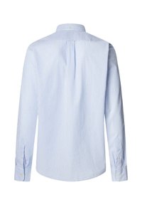 Camicia a maniche lunghe blu chiaro e bianco a righe, con colletto, dotata di un piega sul retro e polsini abbottonati. Tessuto dalla texture liscia.