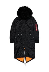 Svart parkas med hette trukket med pels, knappelukking, glidelås-lommer på sidene og oransjefarget fôr; har en høy-lav hem og snøring.