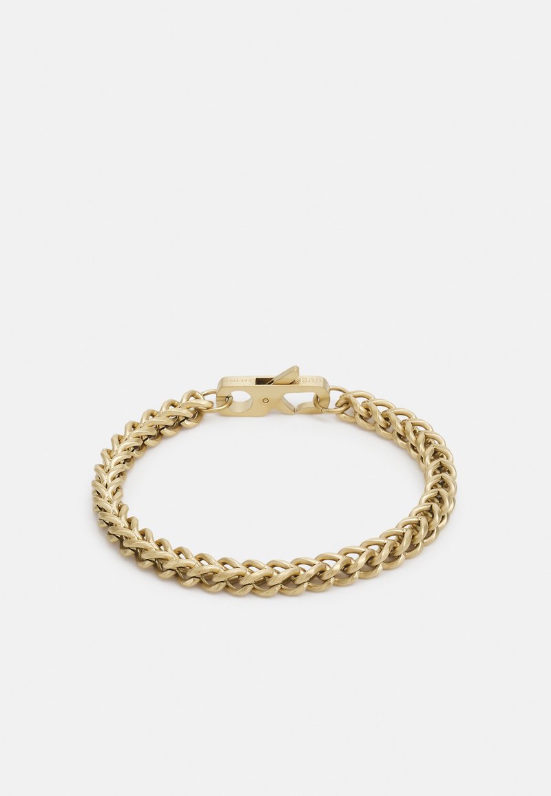 Gullmetall lenkearmbånd med sammenkoblede lenker, en glatt overflate og en sikker lås. Enkel og stilren design.