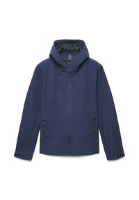 Marineblaue, wasserdichte Jacke mit Reißverschluss, verstellbarer Kapuze und zwei seitlichen Reißverschlusstaschen. Glatte Textur und leichtes Design.