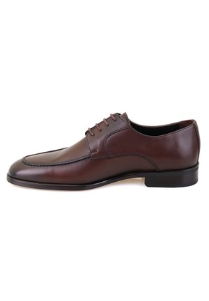 Braune Lederanzugschuhe mit glatter Oberfläche, runder Zehenpartie und fünf Ösen. Mit dezenten Nähten und einer eleganten, flachen Sohle.