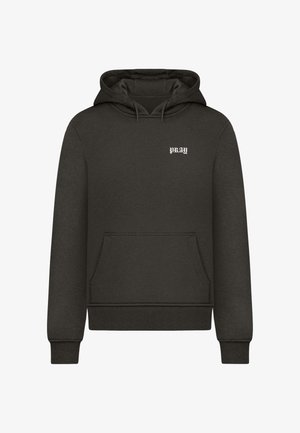 Tmavošedá mikina s kapucňou a prednou kapsou, nastaviteľnou šnúrkou na kapucni a bielym textom "PRAY" na ľavej hrudi. Mäkký materiál a pružné manžety.