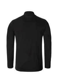 Schwarzes Langarmhemd mit Kragen, aus glattem Stoff gefertigt. Verfügt über ein minimalistisches Design und dezente Markenkennzeichnung am Hals.