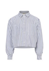 Korte blouse met verticale blauw-witte strepen, geplooide mouwen, twee frontzakken en een klassieke kraag.