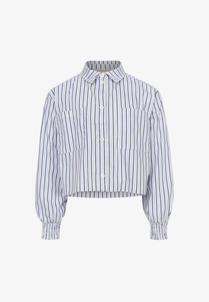 Korte blouse met verticale blauw-witte strepen, geplooide mouwen, twee frontzakken en een klassieke kraag.