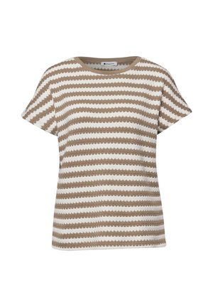 Krótki sweter z dzianiny z poziomymi beżowo-białymi falistymi paskami i okrągłym dekoltem.