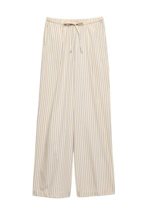 Pantaloni beige a gamba larga con righe verticali blu, fascia elastica in vita e coulisse frontale.