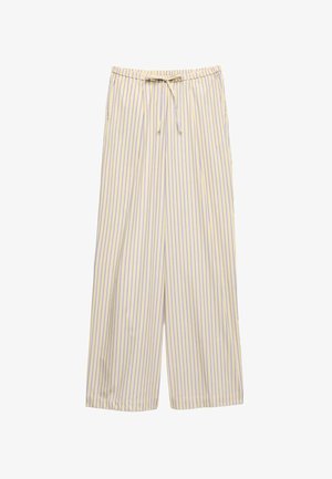 Pantaloni beige a gamba larga con righe verticali blu, fascia elastica in vita e coulisse frontale.