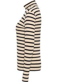 Pruhované rolákové tričko v krémovej a čiernej farbe. Má priliehavý strih a rebrovanú textúru, ktorá zdôrazňuje vertikálne pruhy.
