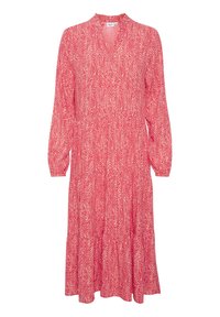 Dlouhé rukávy midi šaty s abstraktním zebrovým potiskem v růžové a bílé barvě, V-výstřih, a nařasený pas a manžety.