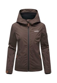 Bruine dames outdoor jack met capuchon, voorrits, en ritszakken aan de zijkant, met het "Markoo Mountain" logo op de borst.