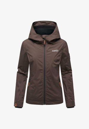 Bruine dames outdoor jack met capuchon, voorrits, en ritszakken aan de zijkant, met het "Markoo Mountain" logo op de borst.