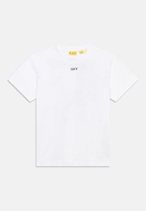 T-shirt bianca in cotone a maniche corte con una piccola scritta "OFF" stampata in nero al centro del collo frontale.