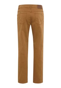 Pantaloni in cotone marrone con taglio dritto, dotati di due tasche posteriori e una texture delicata. Include un accento in pelle sulla vita.