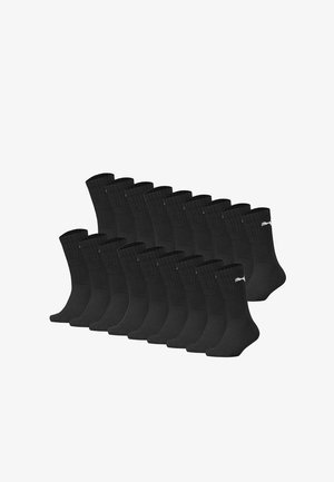 Achtzehn Paare schwarze Crew-Socken, angeordnet in drei Reihen, jede Socke mit einem kleinen weißen Logo nahe dem oberen Bereich.