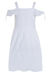 Vestido blanco sin hombros con tirantes verticales, cintura fruncida y patrones florales bordados en el dobladillo. Tejido de algodón, textura ligera.