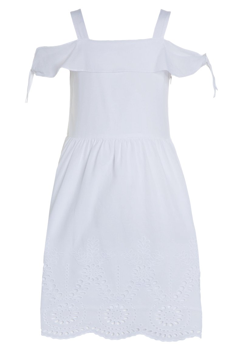Vestido blanco sin hombros con tirantes verticales, cintura fruncida y patrones florales bordados en el dobladillo. Tejido de algodón, textura ligera.