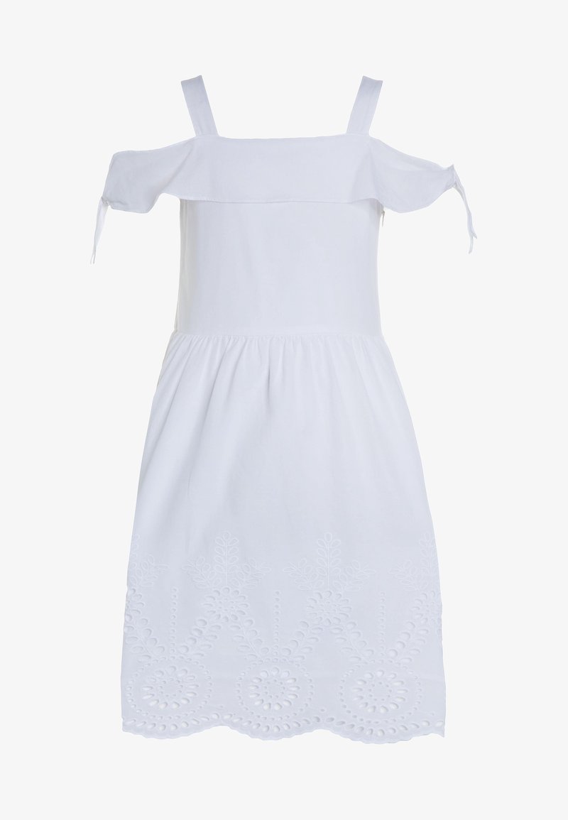 Abito bianco a spalle scoperte con spalline verticali, vita arricciata e motivi floreali ricamati sull'orlo. Tessuto in cotone, dalla texture leggera.