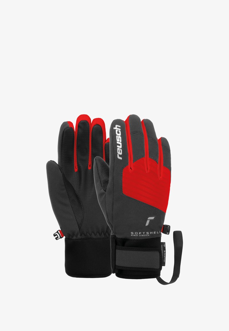 Reusch-Handschuhe mit einem schwarzen Softshell-Außenmaterial und leuchtend roten Akzenten. Entworfen mit einem sicheren Handgelenkriemen und strukturierten Griffbereichen.