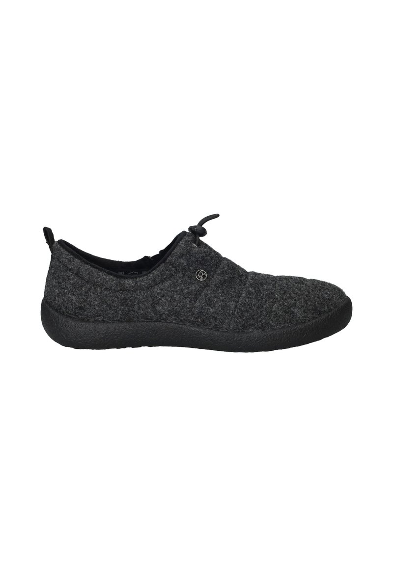 Gray felt slip-on shoes with a textured surface, black rubber sole, and a decorative tie feature on the upper.