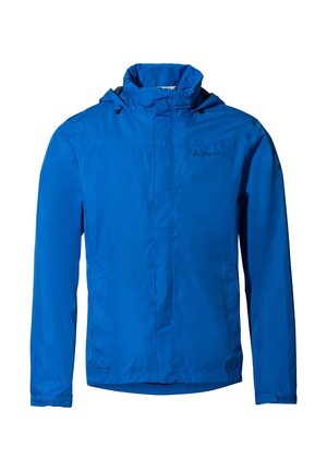 Giacca blu da uomo con cappuccio, realizzata in materiale leggero, presenta una chiusura frontale a zip e due tasche laterali, progettata per l'uso all'aperto.