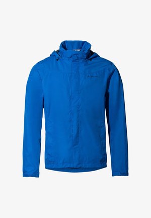 Blaue Herrenjacke mit Kapuze, aus leichtem Material gefertigt, verfügt über einen Frontreißverschluss und zwei Seiten Taschen, für den Einsatz im Freien konzipiert.