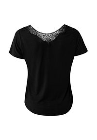 T-shirt nero a maniche corte con scollatura in pizzo a forma di scallop. Tessuto morbido con vestibilità ampia e orlo curvato per il massimo comfort.