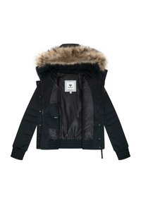 Veste d'hiver noire avec capuche en fourrure, devant ouvert révélant une doublure intérieure lisse et une étiquette de la marque sur le haut du dos.