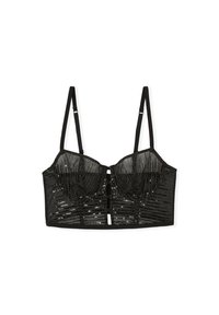 Schwarzes Pailletten-Bralette mit strukturiertem Design, verstellbaren Trägern und gerafften Details an der Brust. Flacher Verschluss vorne in der Mitte.
