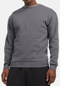 Grijze sweatshirt met een ronde hals, geribbelde manchetten en onderrand, met een gladde textuur en een subtiele merketiket aan de linkerkant.