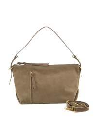 Borsa a spalla in suede marrone con una lunga tracolla regolabile, tasca frontale con zip e dettagli in pelle. Texture morbida e design minimalista.
