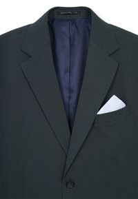 Blazer grigio scuro con rever affilati, chiusura a un bottone e fazzoletto bianco nella tasca sul petto. Fodera interna liscia in blu navy.
