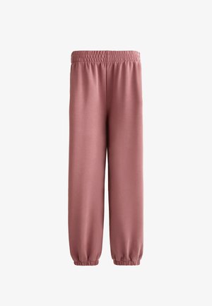 Pantaloni sportivi mauve a vestibilità ampia con vita elasticizzata e polsini alla caviglia, mostrati su sfondo bianco.