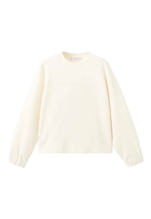 Roomkleurige trui met lange mouwen en een ronde hals, voorzien van een horizontale naad over de borst en elastische boorden.