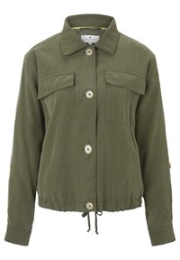 Giacca in cotone verde con colletto, chiusura frontale con bottoni, due tasche sul petto e orlo regolabile con cordino.