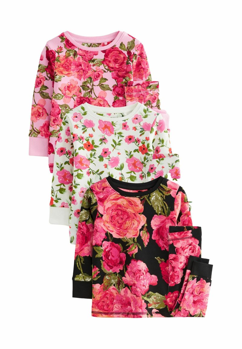 Drei Langarmtops mit Blumenmustern. Die Farben umfassen Rosa, Weiß und Schwarz. Jedes Top hat rosa oder grüne Akzente und unterschiedliche Designs.