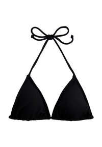 Zwarte driehoek bikini top gemaakt van textuurstof, met verstelbare strikjes om de nek en op de rug voor een optimale pasvorm.