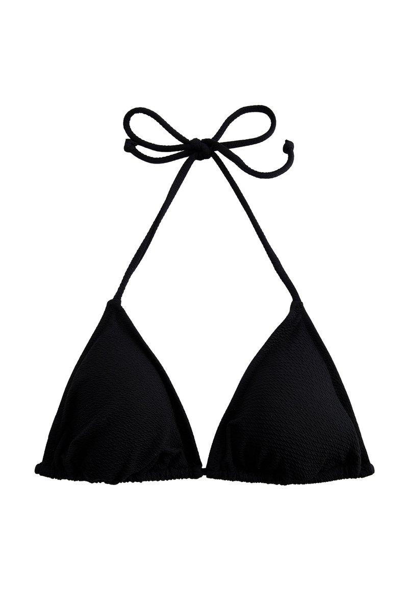 Zwarte driehoek bikini top gemaakt van textuurstof, met verstelbare strikjes om de nek en op de rug voor een optimale pasvorm.