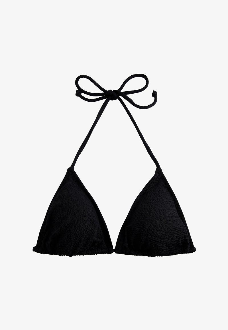 Zwarte driehoek bikini top gemaakt van textuurstof, met verstelbare strikjes om de nek en op de rug voor een optimale pasvorm.