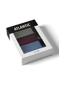 Zestaw trzech męskich bokserów w ciemnozielonym, bordowym i niebieskim kolorze, wykonanych z miękkiego materiału z kontrastującymi elastycznymi paskami w talii.