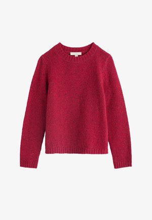 Rød strikket sweater med rund halsudskæring, lange ærmer og ribbestrikkede manchetter og kant. Tekstureret, varmt stof med striber af mørkere rød.