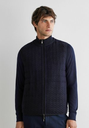 Mand med brunt hår iført en navy blå tekstureret vest med lynlås over en navy blå langærmet skjorte, kigger til siden mod en ensfarvet baggrund.