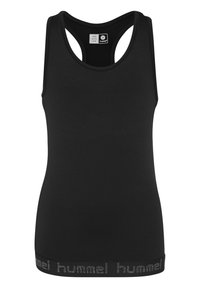 Sort tanktop med rund hals og racerback-design. Har en tekstureret kant forneden med "hummel" branding i sølv.