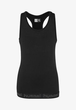 Schwarzes Tanktop mit rundem Halsausschnitt und Racerback-Design. Verfügt über ein strukturiertes Band am unteren Rand mit "hummel"-Branding in Silber.